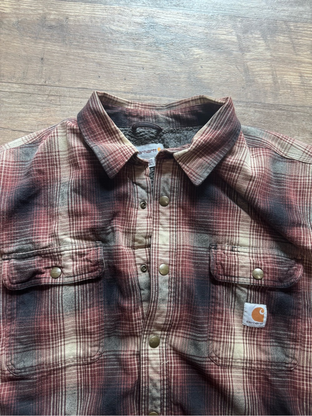 Vintage Carhartt Men's Red Plaid Sherpa Lined Flannel Work Snap Shirt Jacket